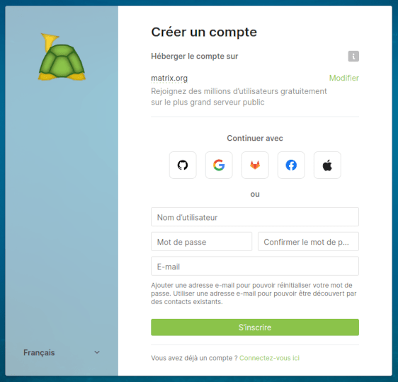 Photo d'écran pour créer un compte Matrix.