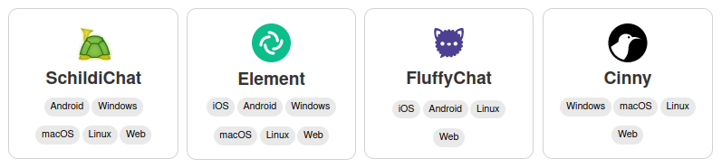 Logos des principales applications pour se connecter à Matrix